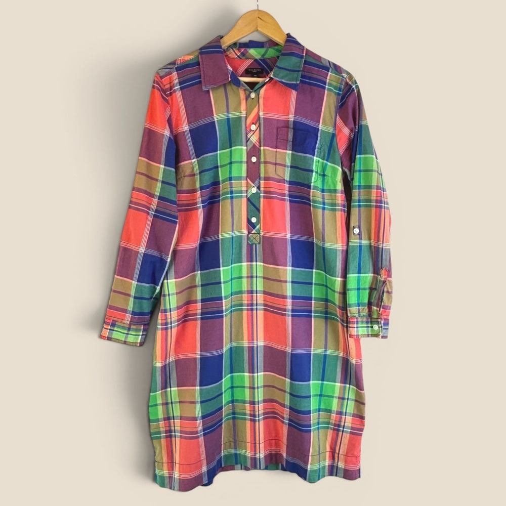 Talbots Madras Shirt Dress 16P Plaid 100% Cotton Roll Tab Preppy Classic